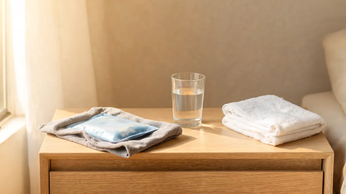 Cold pack wrapped in a grey cloth beside a glass of water and a folded towel on a bedside table