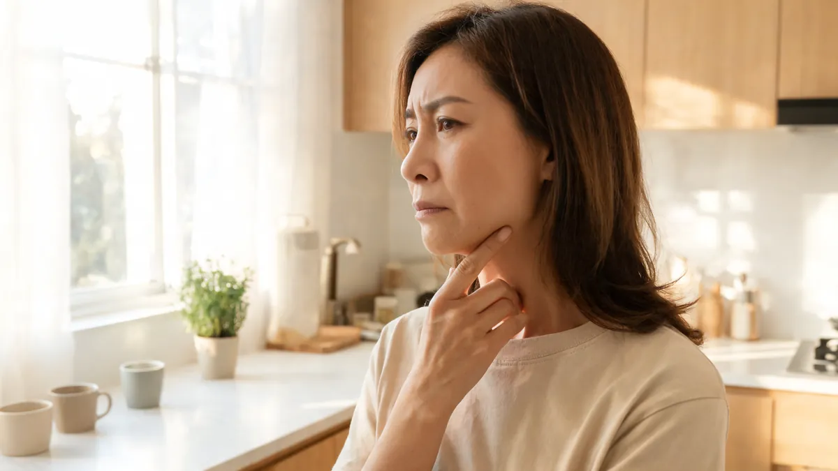 Adult woman in a bright kitchen gently touching her jaw with a mildly uncomfortable expression
