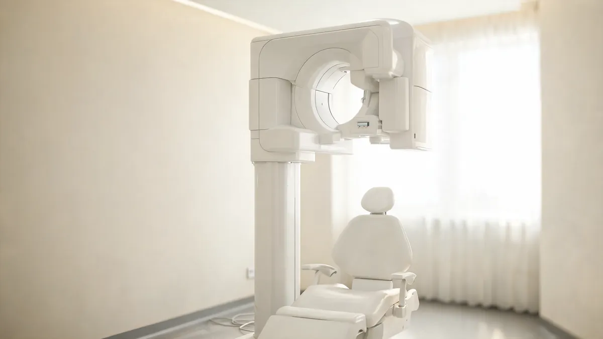 Modern 3D imaging machine beside a treatment chair in a bright, minimalist clinical room