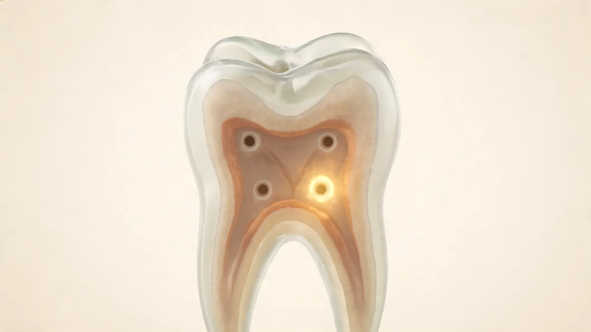 Illustration of an upper molar seen from above with four root canal openings, one small canal opening highlighted