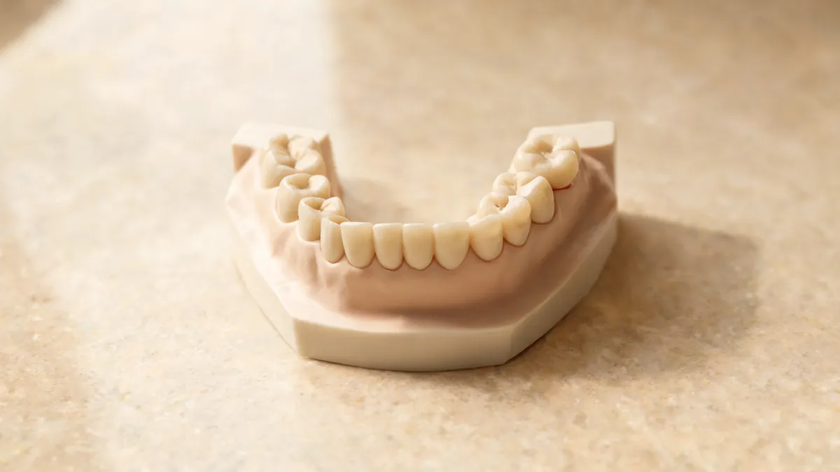 Educational dental model of a lower jaw resting on a light stone countertop